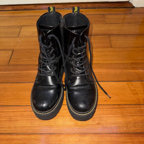 Catwalk Chunky Black Combat Boots – Lace-Up with Side Zips Yellow Stitch Detail - Picture 1 of 5